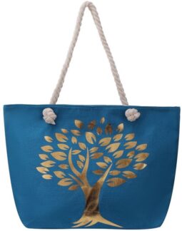 Strandtas-levensboom-blauw-goud-voorkant-54x36x15cm