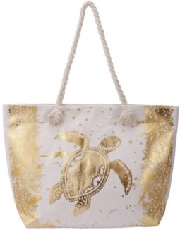 Strandtas-schildpad-goud-wit-voorkant-54x36x15cm