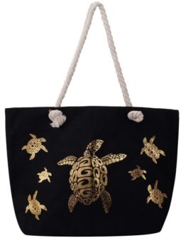 Strandtas-schildpad-goud-zwart-voorkant-54x36x15cm