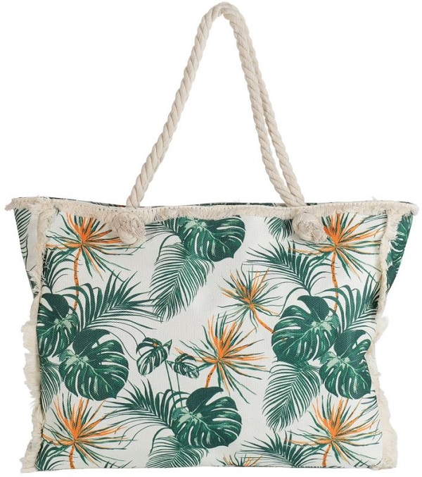 Een strandtas met een print van palmbomen en bladeren (50x40x10cm)